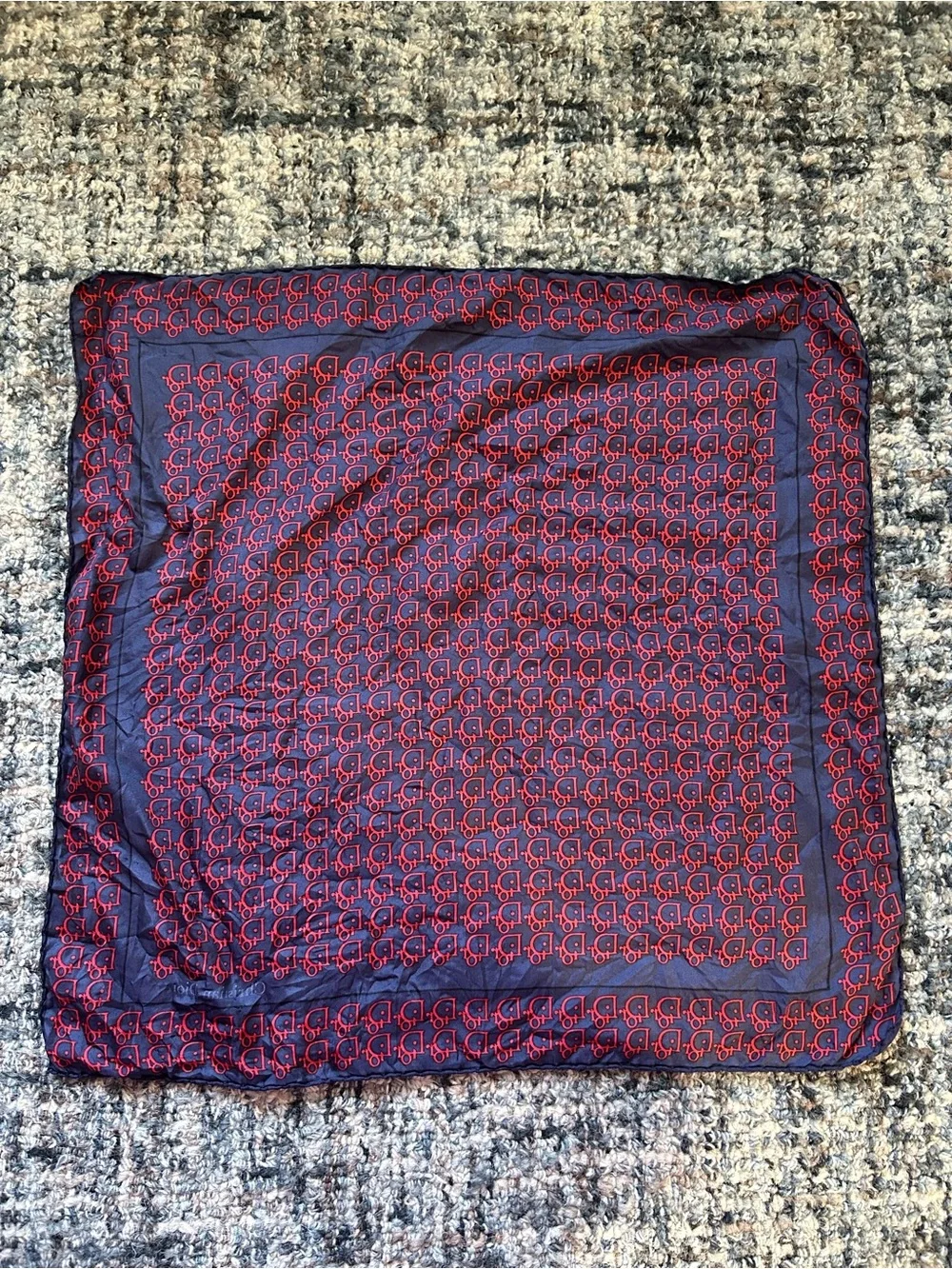 ·Christian Dior· Vintage Navy and Red Silk Logo Scarf